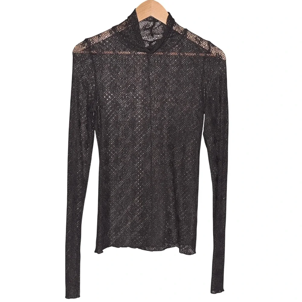 Free People Intimately Black Lace Mock Neck Long Sleeve Sheer Top Romantic Y2K M